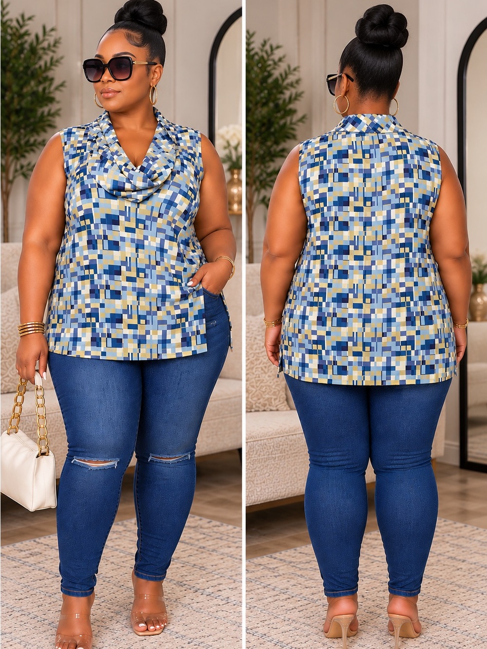 Focus 2000 Geometric Cowl Neck Blouse in Blue & Gold size 22W
